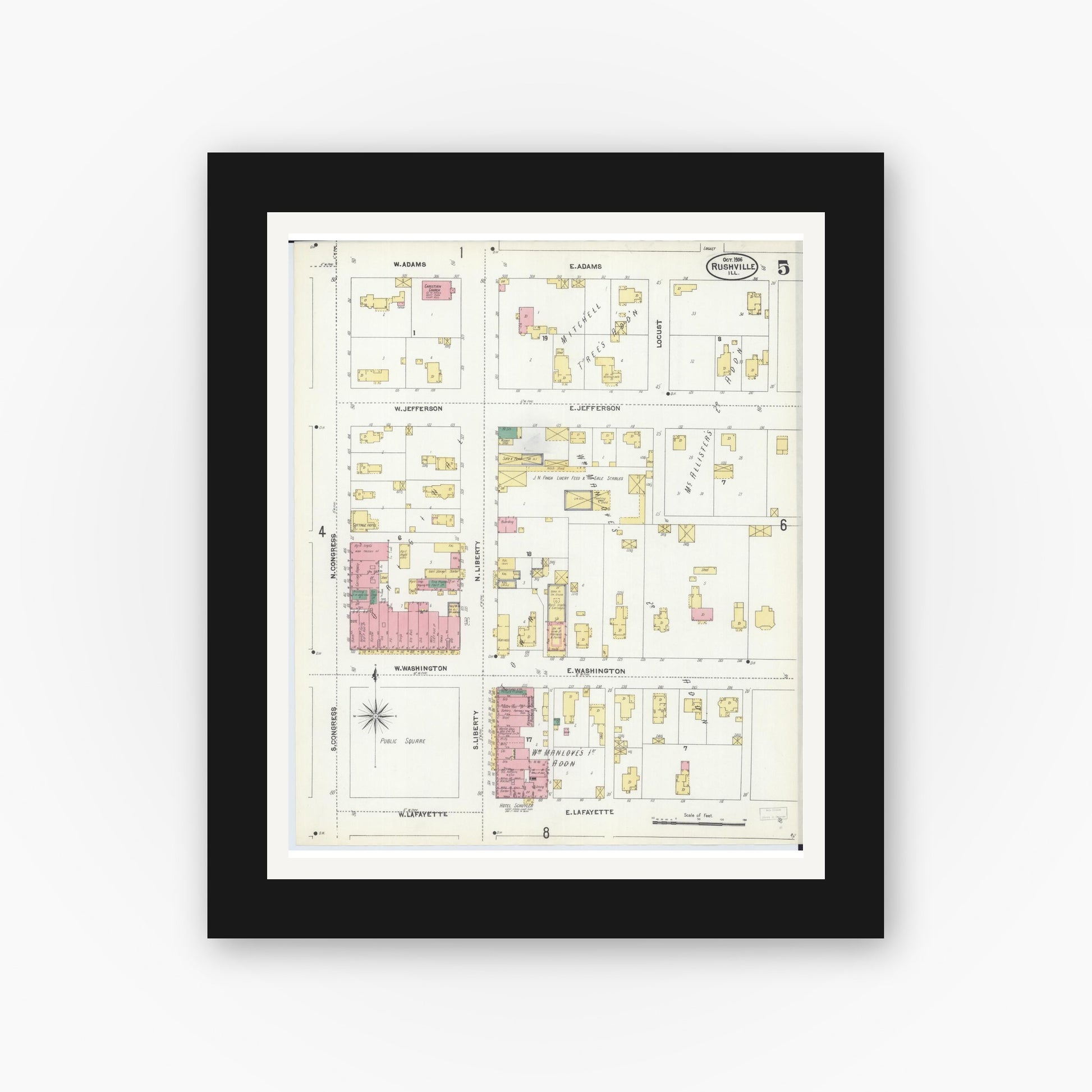 Old map wall art mockup — black gallery frame with white mat — Sanborn Fire Insurance Map from Rushville, Schuyler County, Illinois (1906), Sheet #0005