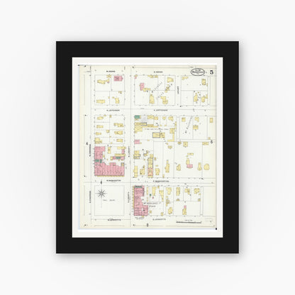 Old map wall art mockup — black gallery frame with white mat — Sanborn Fire Insurance Map from Rushville, Schuyler County, Illinois (1906), Sheet #0005