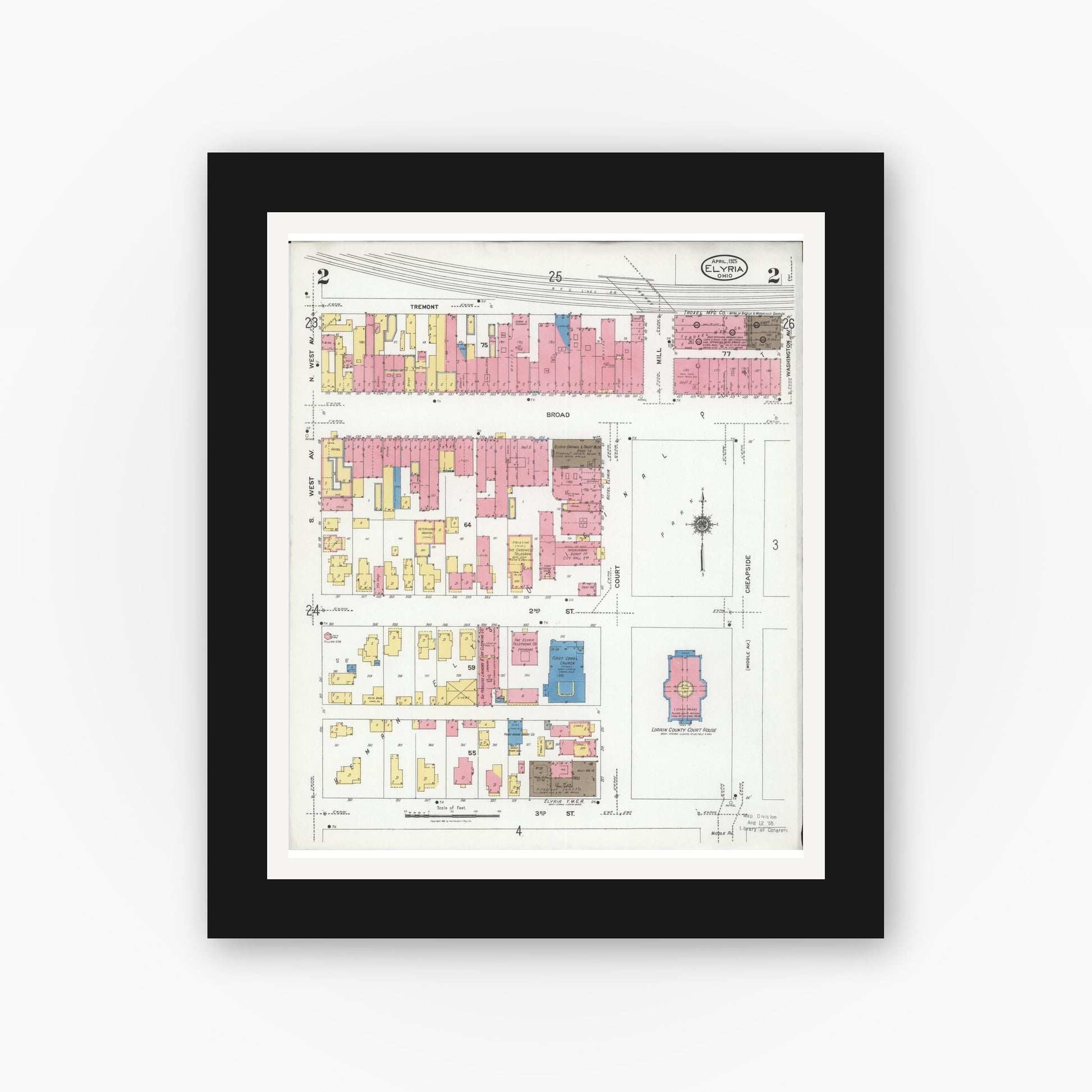 Old map wall art mockup — black gallery frame with white mat — Sanborn Fire Insurance Map from Elyria, Lorain County, Ohio (1925), Sheet #0002