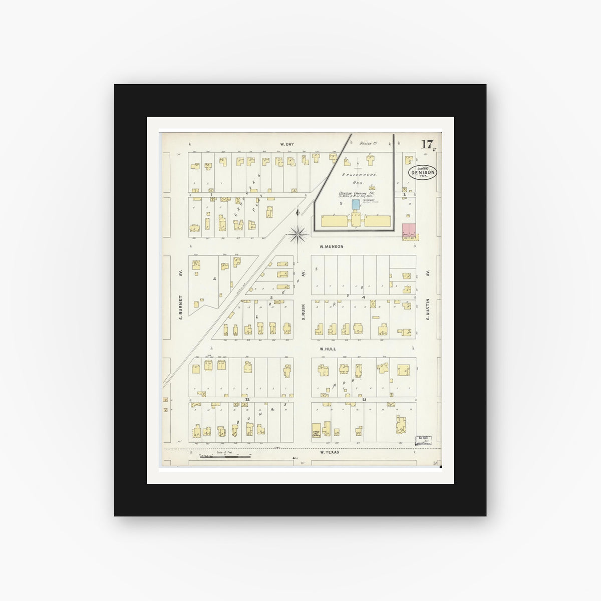 Old map wall art mockup — black gallery frame with white mat — Sanborn Fire Insurance Map from Denison, Grayson County, Texas (1897), Sheet #0017