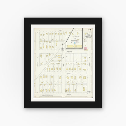 Old map wall art mockup — black gallery frame with white mat — Sanborn Fire Insurance Map from Denison, Grayson County, Texas (1897), Sheet #0017