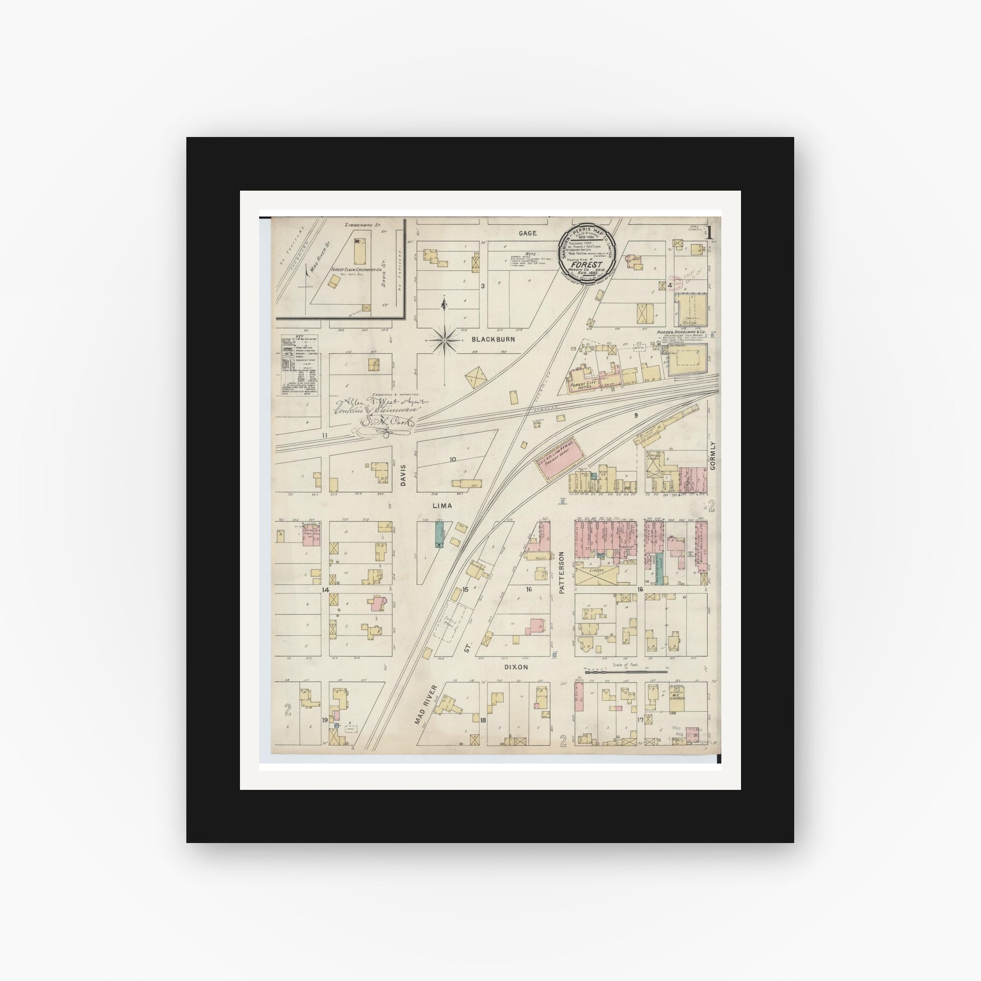 Old map wall art mockup — black gallery frame with white mat — Sanborn Fire Insurance Map from Forest, Hardin County, Ohio (1895) - Complete Map Set