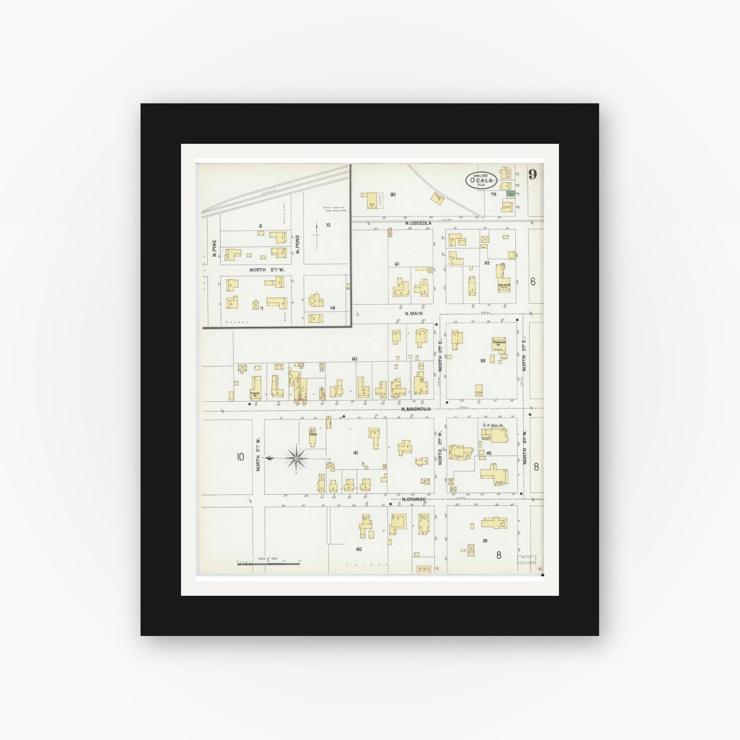 Old map wall art mockup — black gallery frame with white mat — Sanborn Fire Insurance Map from Ocala, Marion County, Florida (1901), Sheet #0009