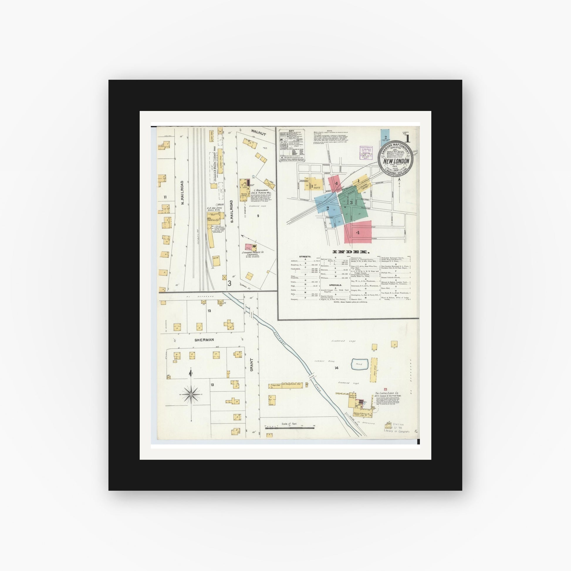 Old map wall art mockup — black gallery frame with white mat — Sanborn Fire Insurance Map from New London, Huron County, Ohio (1904), Sheet #0001