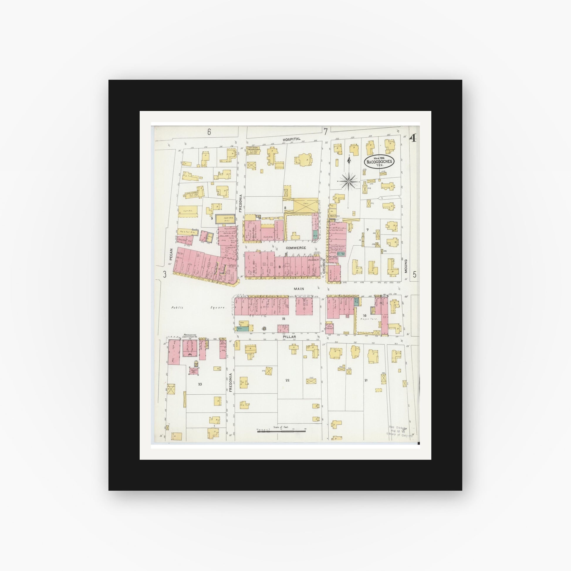 Old map wall art mockup — black gallery frame with white mat — Sanborn Fire Insurance Map from Nacogdoches, Nacogdoches County, Texas (1906), Sheet #0004