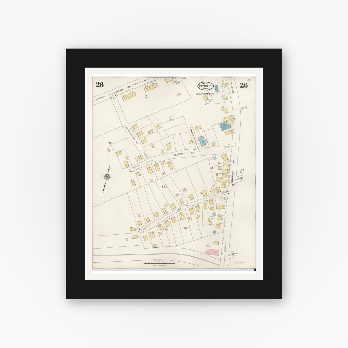 Old map wall art mockup — black gallery frame with white mat — Sanborn Fire Insurance Map from Plymouth, Plymouth County, Massachusetts (1948), Sheet #0026