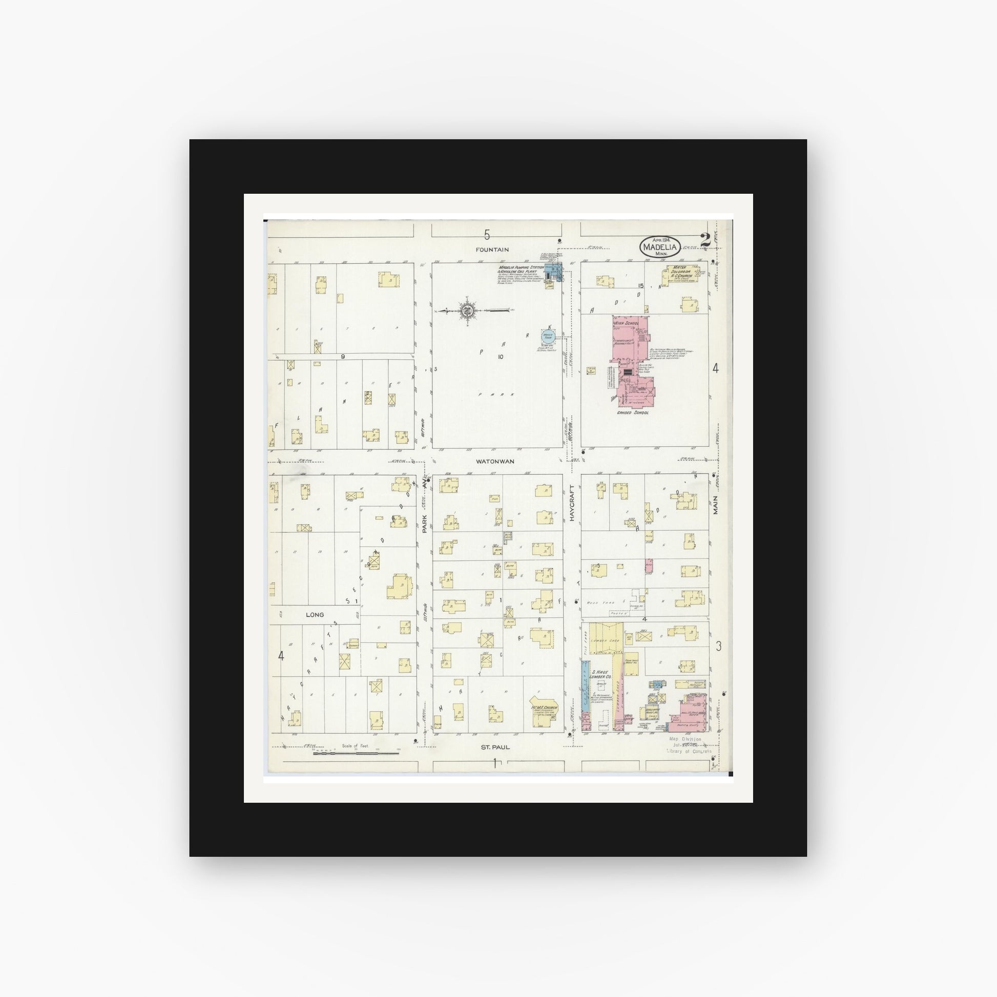 Old map wall art mockup — black gallery frame with white mat — Sanborn Fire Insurance Map from Madelia, Watonwan County, Minnesota (1914), Sheet #0002