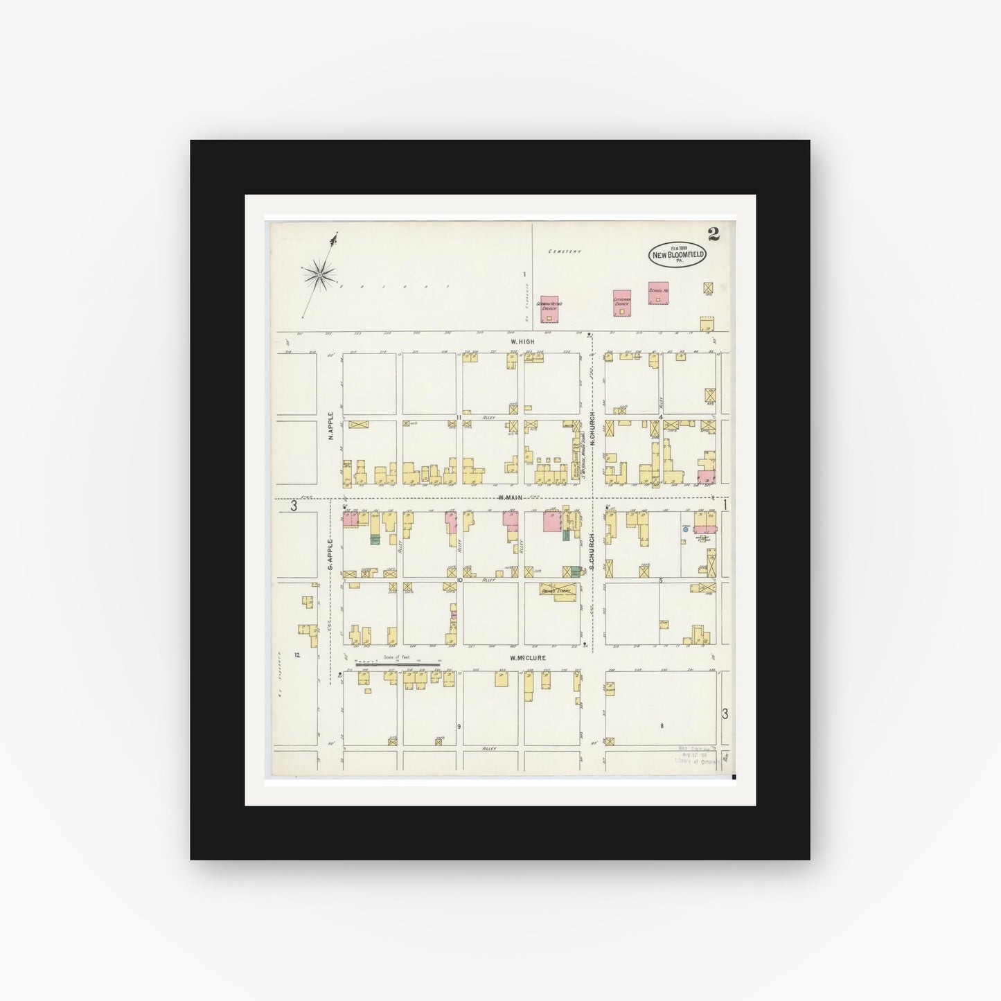 Old map wall art mockup — black gallery frame with white mat — Sanborn Fire Insurance Map from New Bloomfield, Perry County, Pennsylvania (1899), Sheet #0002