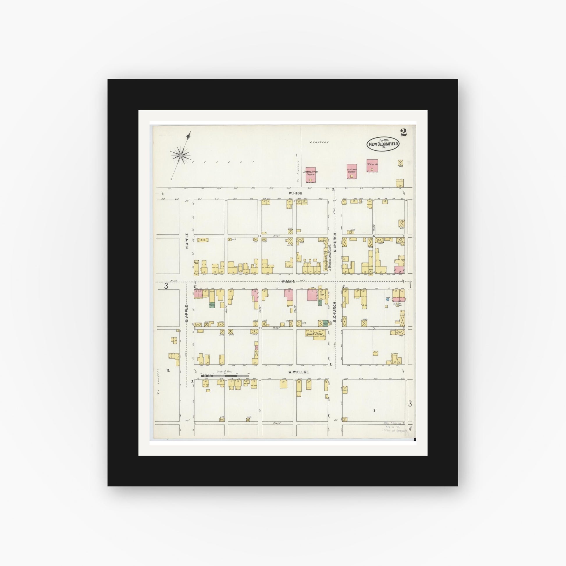 Old map wall art mockup — black gallery frame with white mat — Sanborn Fire Insurance Map from New Bloomfield, Perry County, Pennsylvania (1899), Sheet #0002