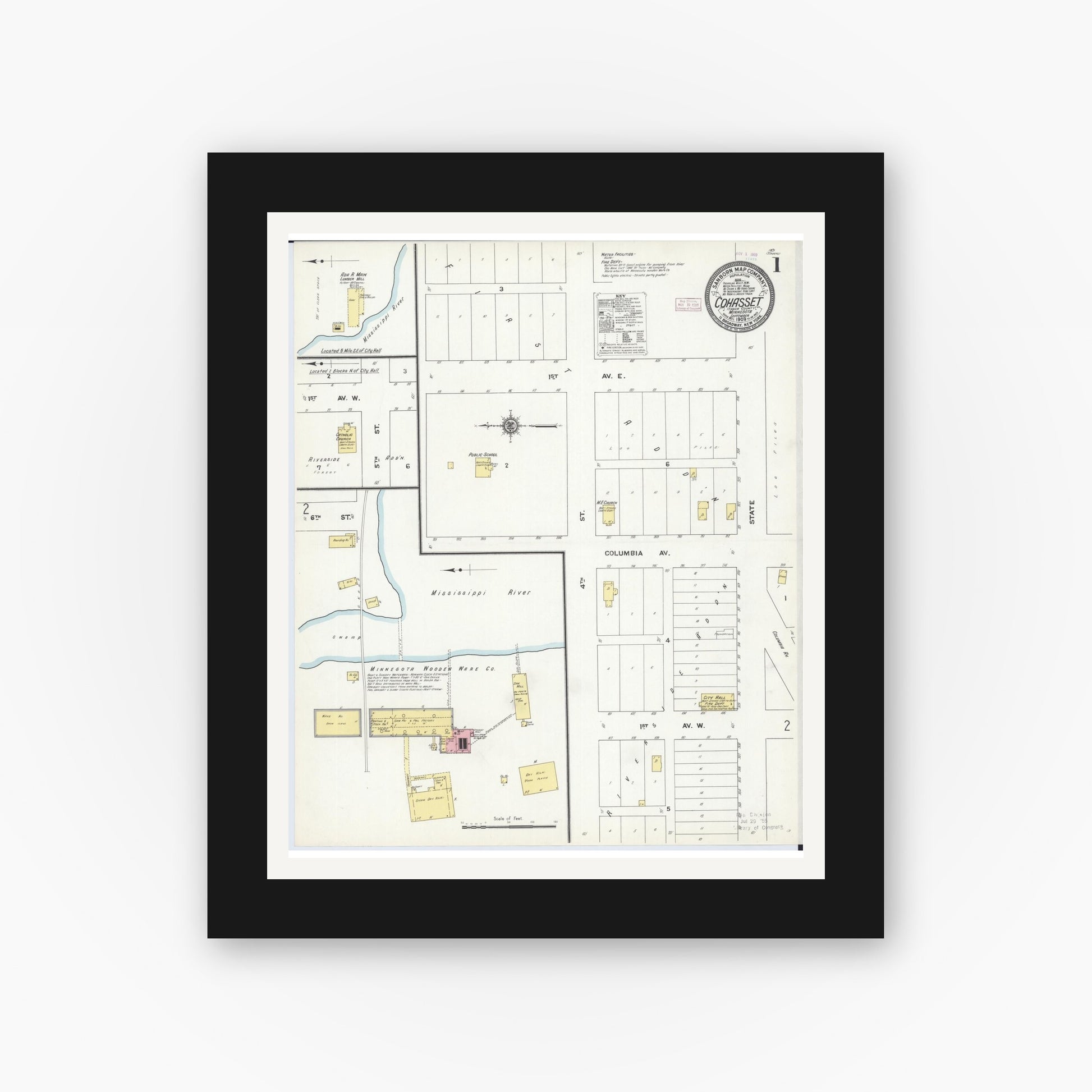 Old map wall art mockup — black gallery frame with white mat — Sanborn Fire Insurance Map from Cohasset, Itasca County, Minnesota (1909), Sheet #0001