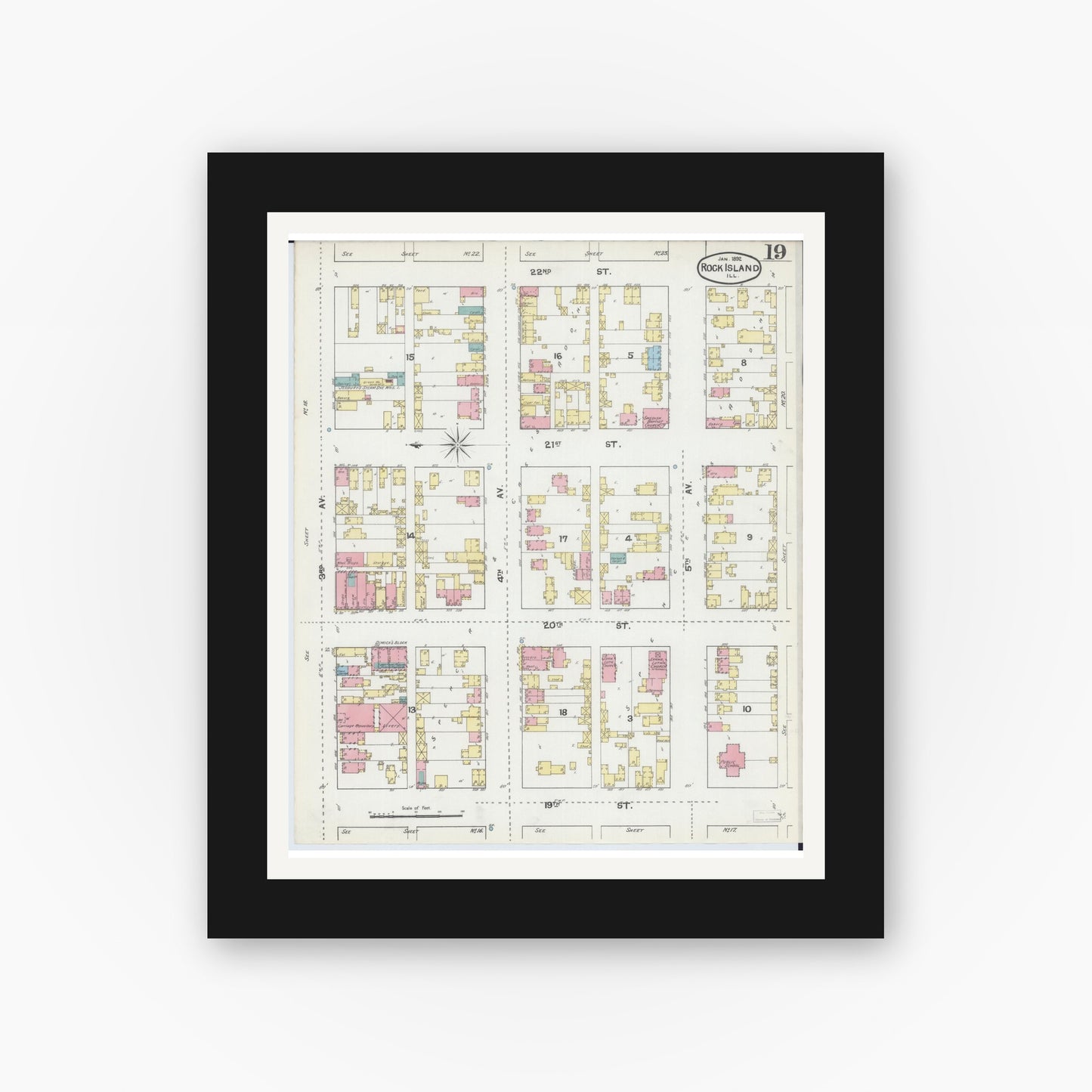 Old map wall art mockup — black gallery frame with white mat — Sanborn Fire Insurance Map from Rock Island, Rock Island County, Illinois (1892), Sheet #0019