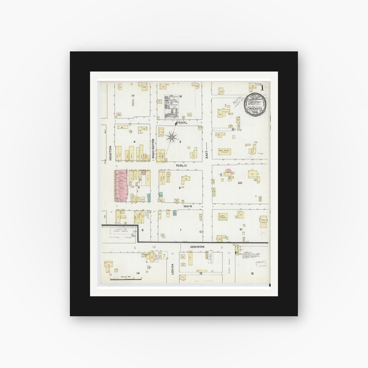 Old map wall art mockup — black gallery frame with white mat — Sanborn Fire Insurance Map from Crockett, Houston County, Texas (1891), Sheet #0001