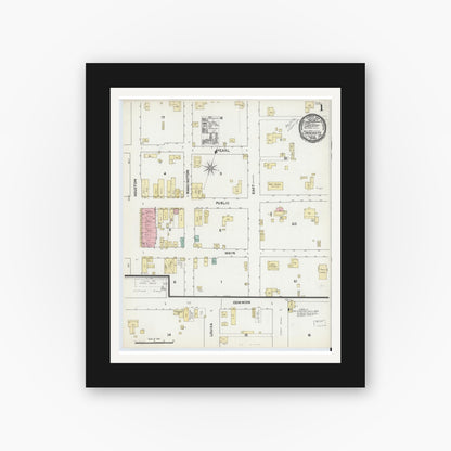 Old map wall art mockup — black gallery frame with white mat — Sanborn Fire Insurance Map from Crockett, Houston County, Texas (1891), Sheet #0001