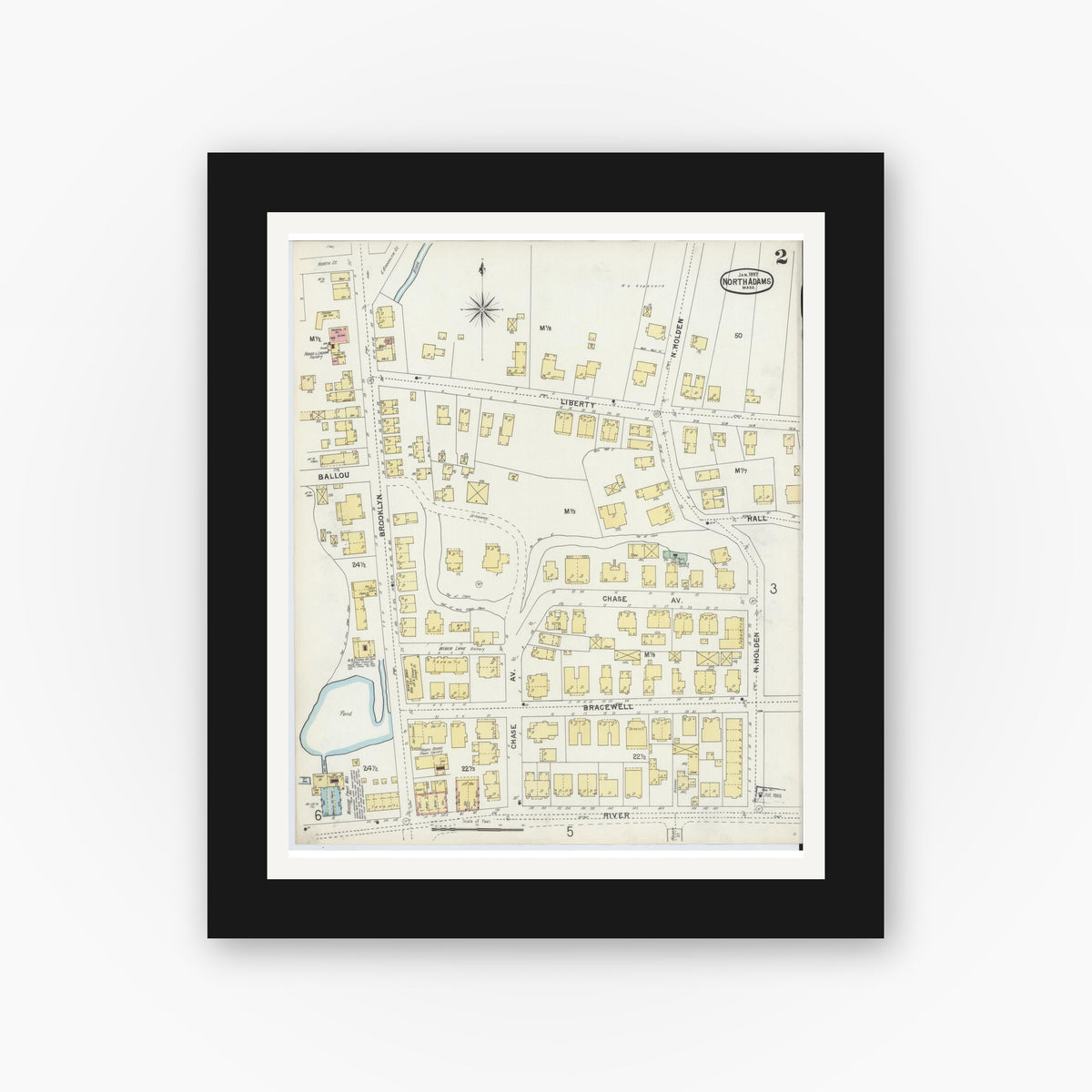 Old map wall art mockup — black gallery frame with white mat — Sanborn Fire Insurance Map from North Adams, Berkshire County, Massachusetts (1897), Sheet #0002