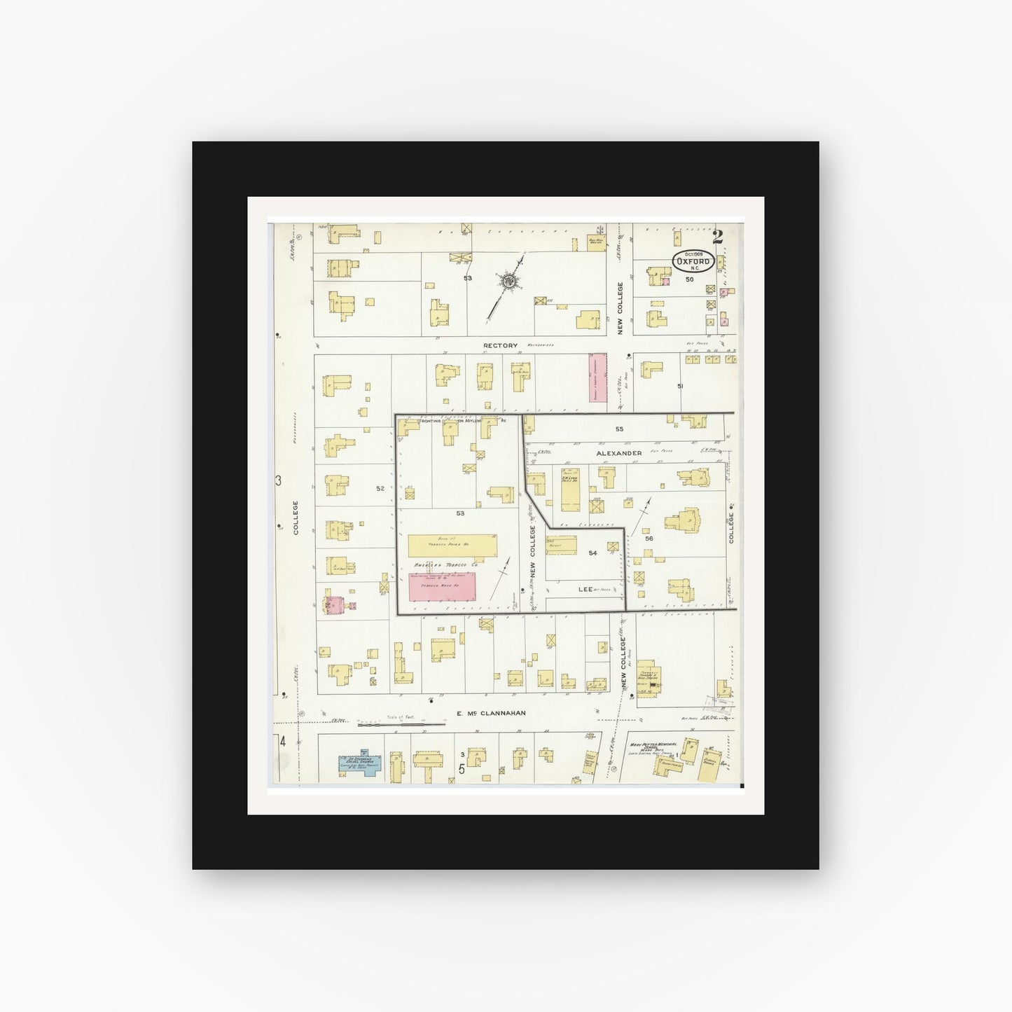 Old map wall art mockup — black gallery frame with white mat — Sanborn Fire Insurance Map from Oxford, Granville County, North Carolina (1909), Sheet #0002