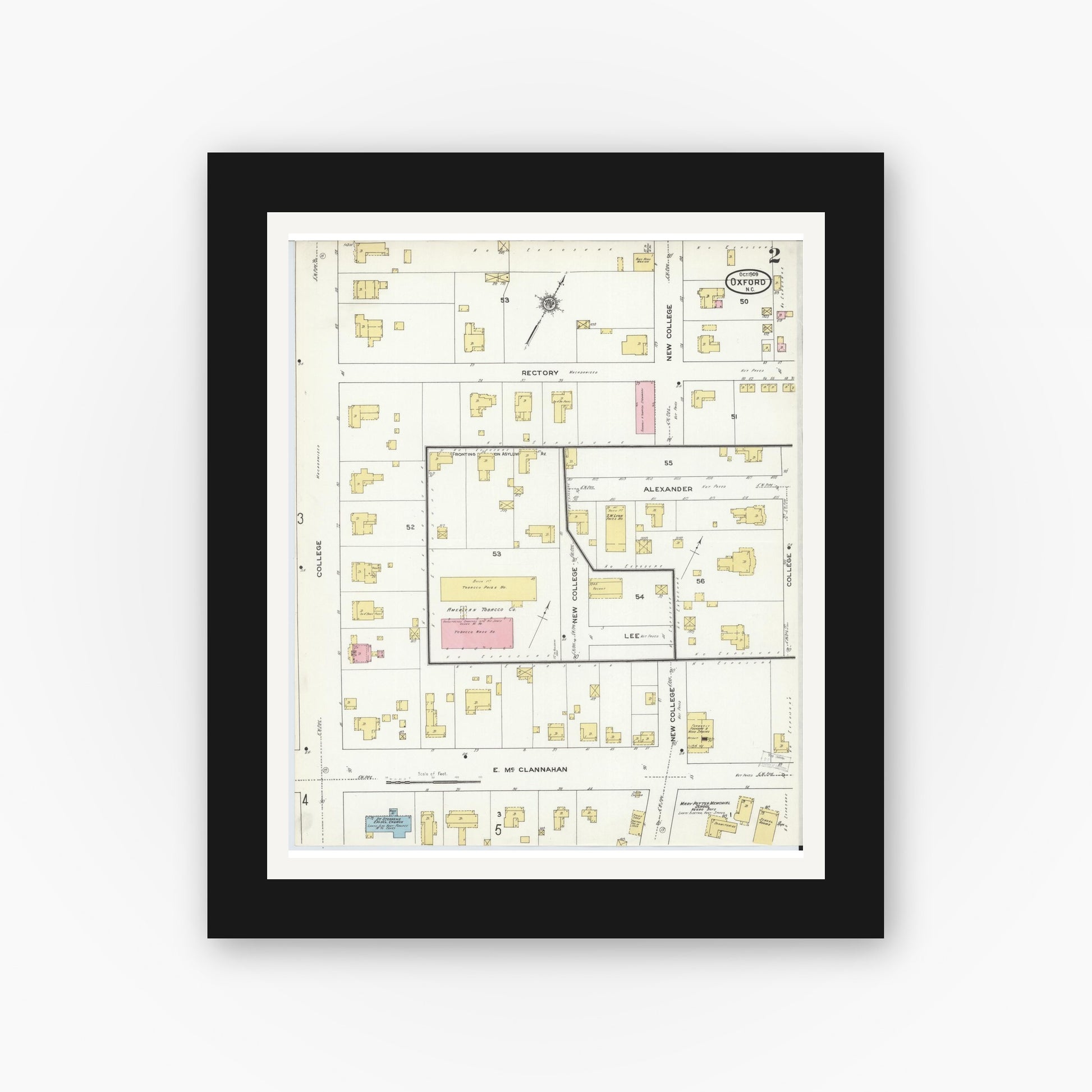 Old map wall art mockup — black gallery frame with white mat — Sanborn Fire Insurance Map from Oxford, Granville County, North Carolina (1909), Sheet #0002