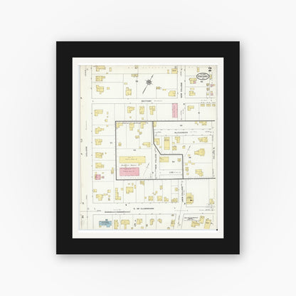 Old map wall art mockup — black gallery frame with white mat — Sanborn Fire Insurance Map from Oxford, Granville County, North Carolina (1909), Sheet #0002