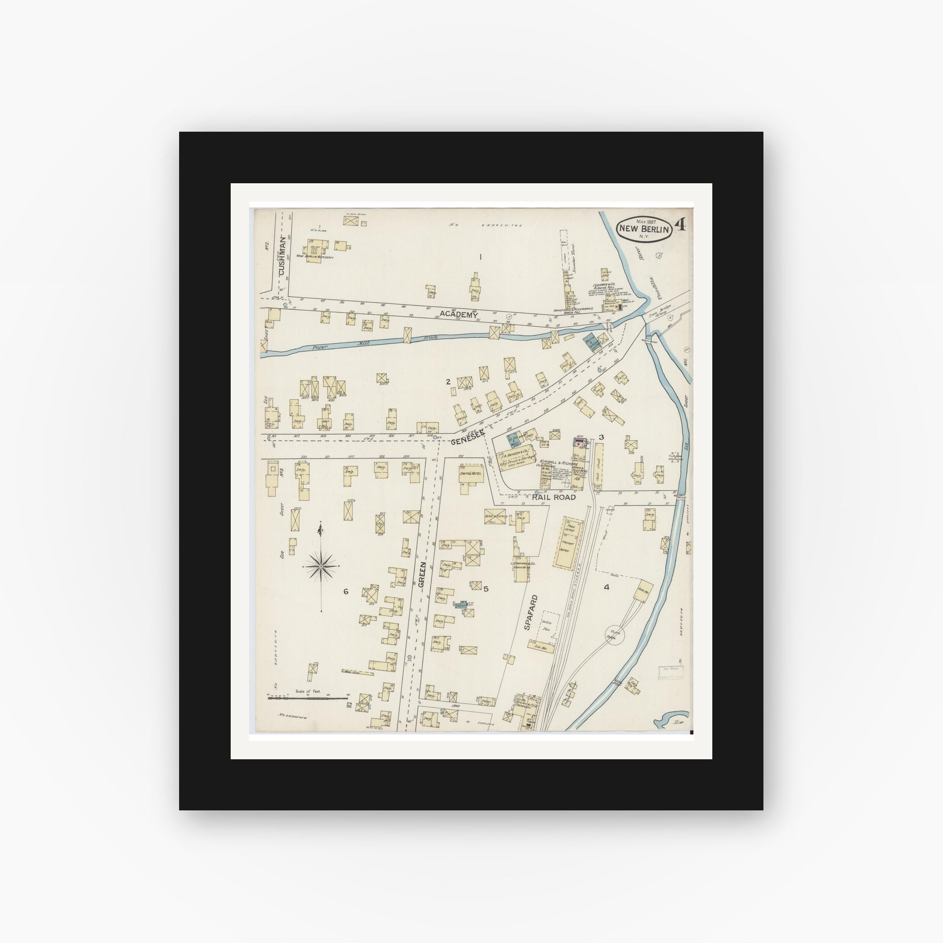 Old map wall art mockup — black gallery frame with white mat — Sanborn Fire Insurance Map from New Berlin, Chenango County, New York (1887), Sheet #0004
