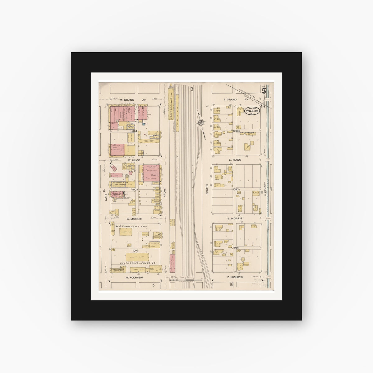 Old map wall art mockup — black gallery frame with white mat — Sanborn Fire Insurance Map from Yoakum, De Witt And Lavaca Counties, Texas (1922), Sheet #0005