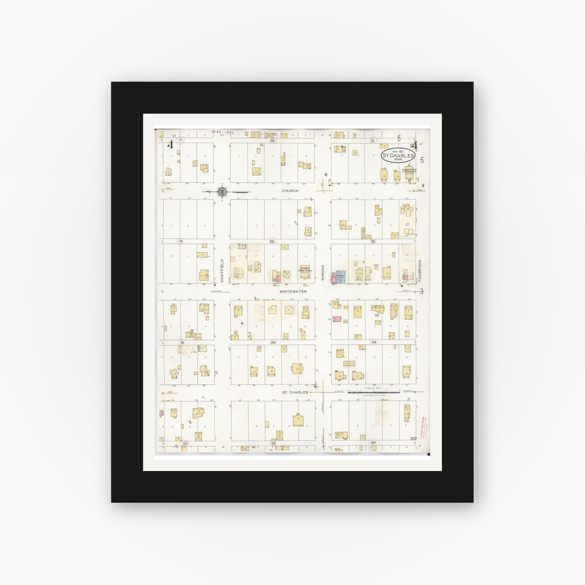 Old map wall art mockup — black gallery frame with white mat — Sanborn Fire Insurance Map from Saint Charles, Winona County, Minnesota (1940), Sheet #0004