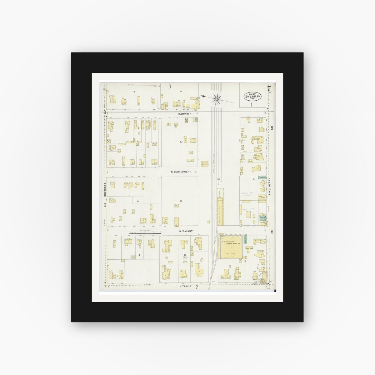 Old map wall art mockup — black gallery frame with white mat — Sanborn Fire Insurance Map from Sherman, Grayson County, Texas (1897), Sheet #0007