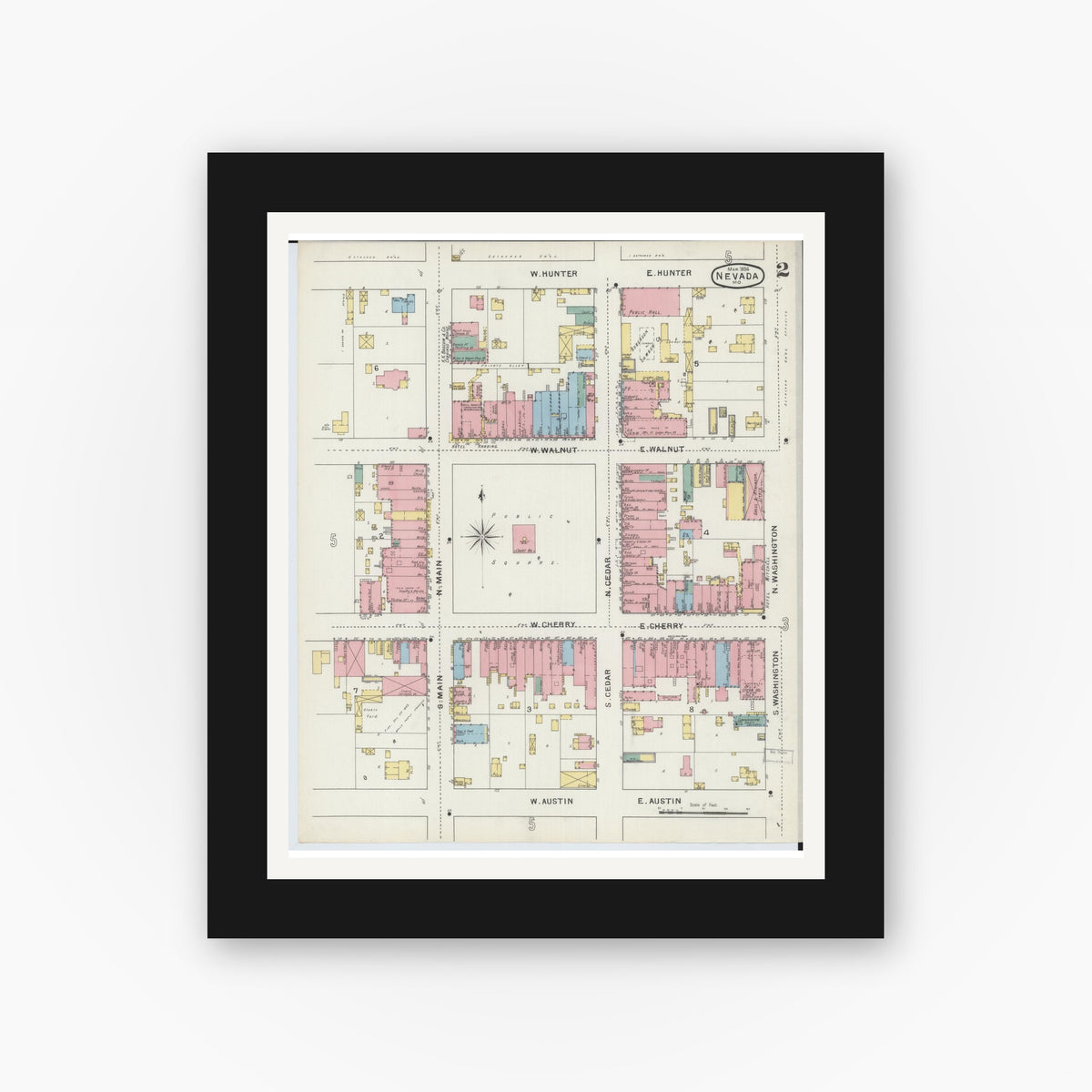 Old map wall art mockup — black gallery frame with white mat — Sanborn Fire Insurance Map from Nevada, Vernon County, Missouri (1894), Sheet #0002