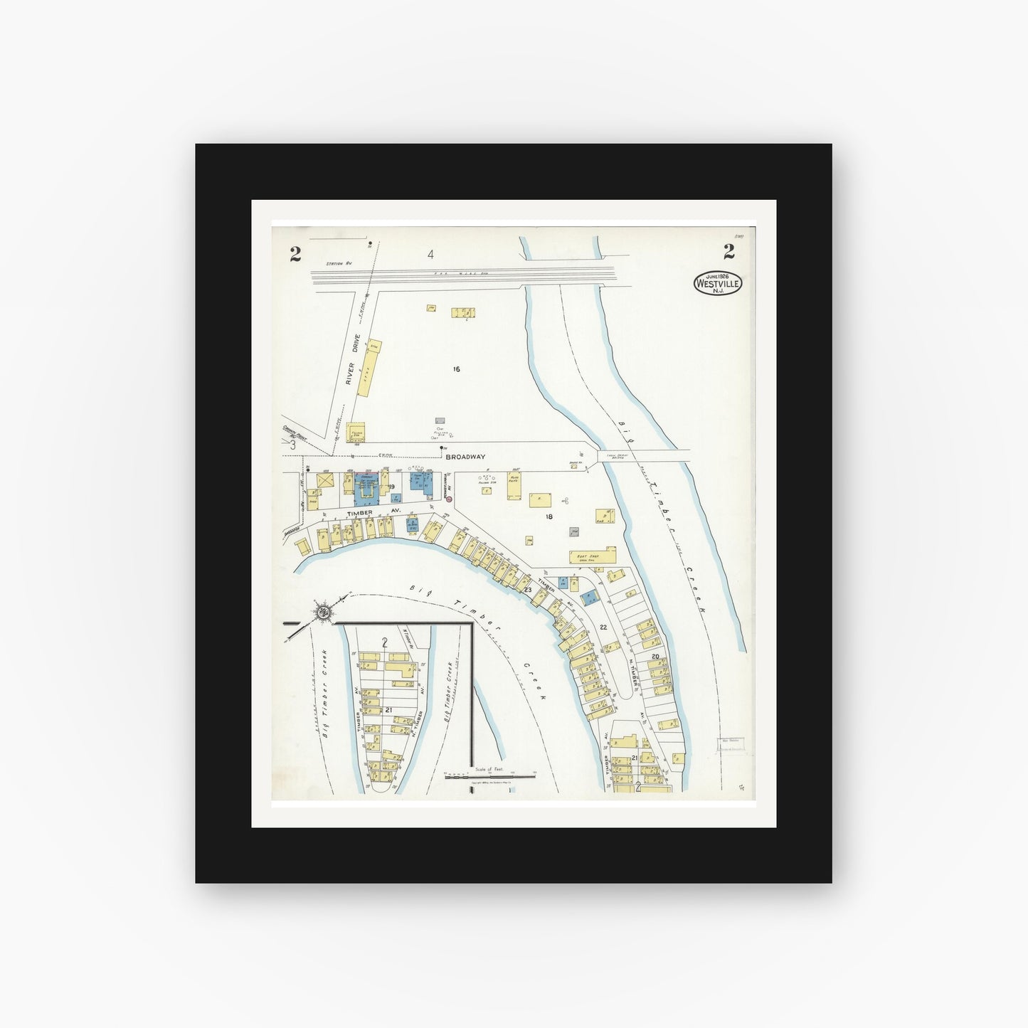 Old map wall art mockup — black gallery frame with white mat — Sanborn Fire Insurance Map from Westville, Gloucester County, New Jersey (1926) - Complete Map Set