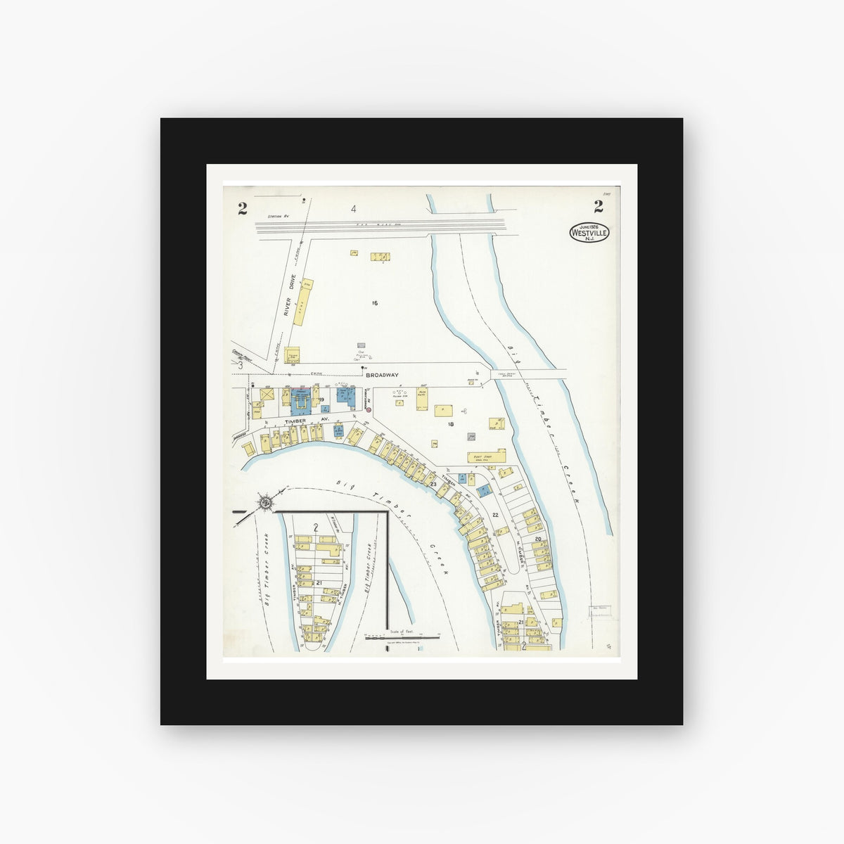Old map wall art mockup — black gallery frame with white mat — Sanborn Fire Insurance Map from Westville, Gloucester County, New Jersey (1926) - Complete Map Set
