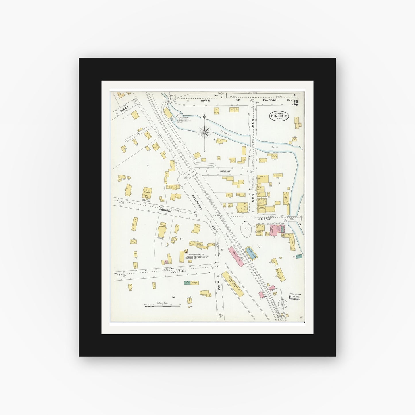 Old map wall art mockup — black gallery frame with white mat — Sanborn Fire Insurance Map from Hinsdale, Berkshire County, Massachusetts (1905), Sheet #0002