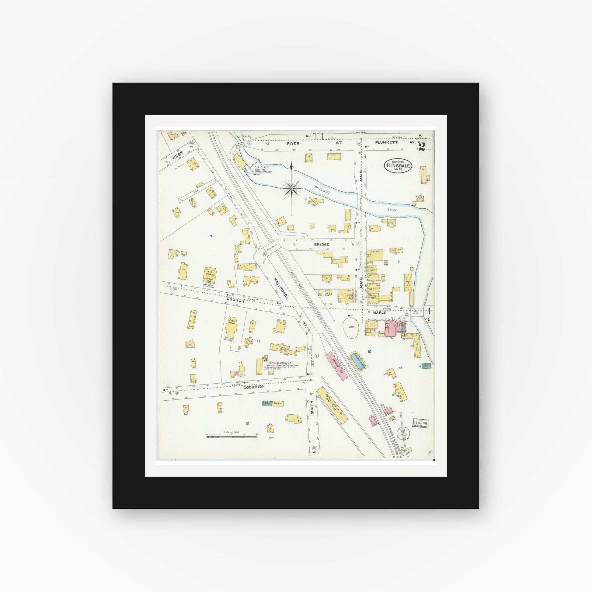 Old map wall art mockup — black gallery frame with white mat — Sanborn Fire Insurance Map from Hinsdale, Berkshire County, Massachusetts (1905), Sheet #0002