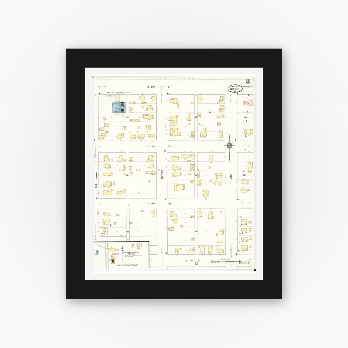 Old map wall art mockup — black gallery frame with white mat — Sanborn Fire Insurance Map from Boone, Boone County, Iowa (1909), Sheet #0008