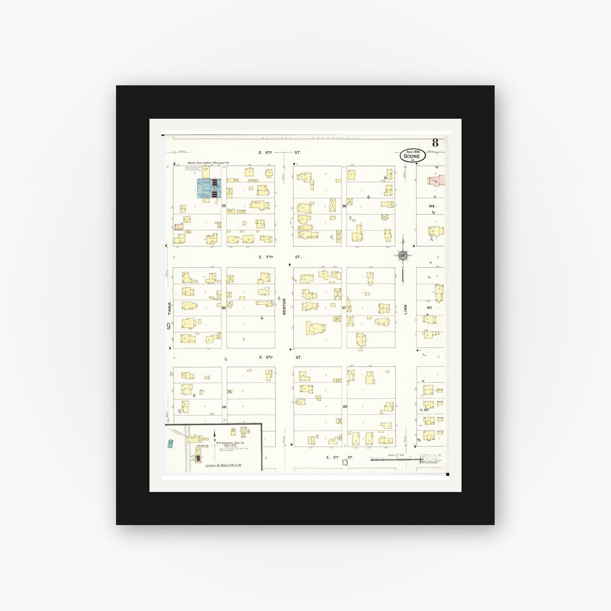 Old map wall art mockup — black gallery frame with white mat — Sanborn Fire Insurance Map from Boone, Boone County, Iowa (1909), Sheet #0008