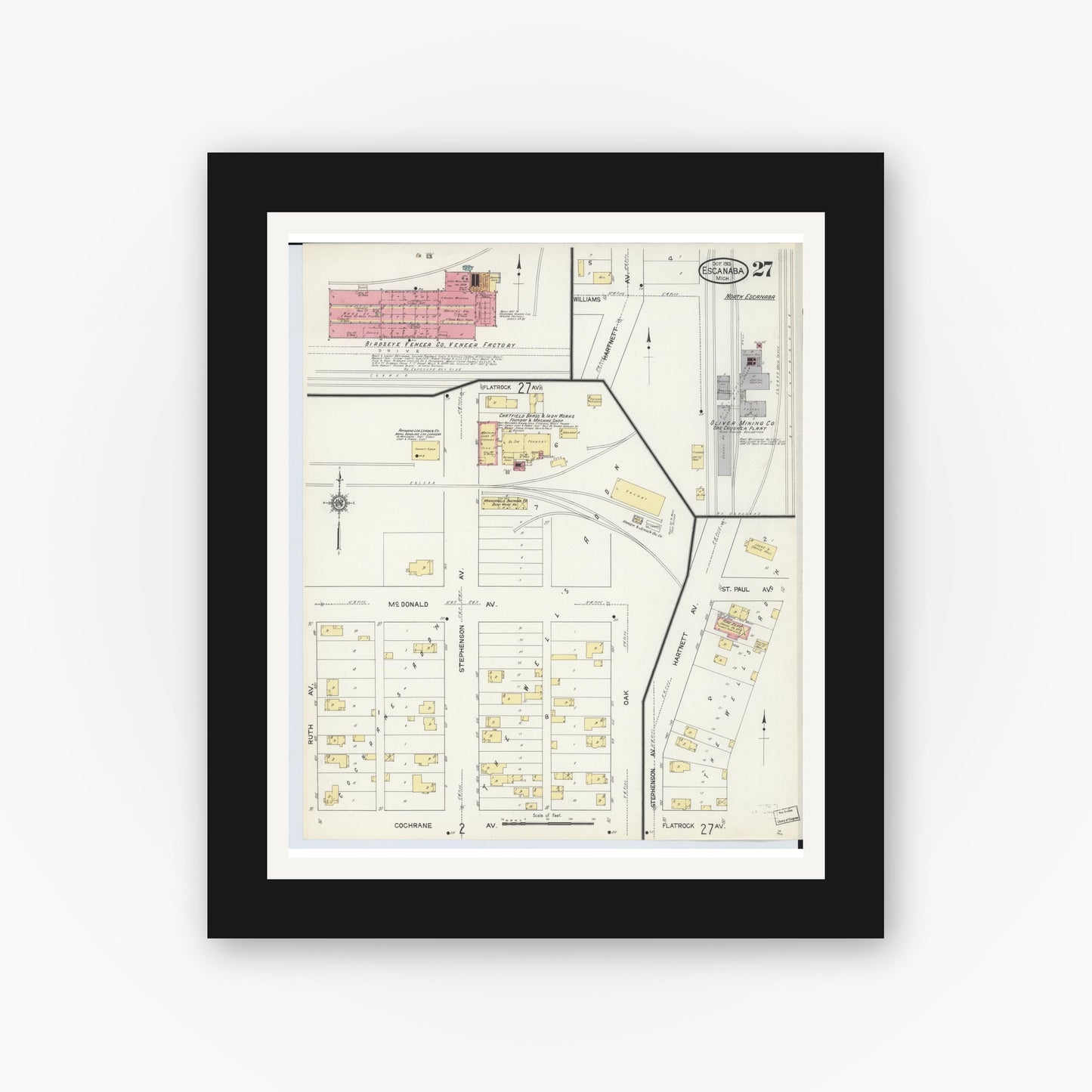 Old map wall art mockup — black gallery frame with white mat — Sanborn Fire Insurance Map from Escanaba, Delta County, Michigan (1913), Sheet #0027