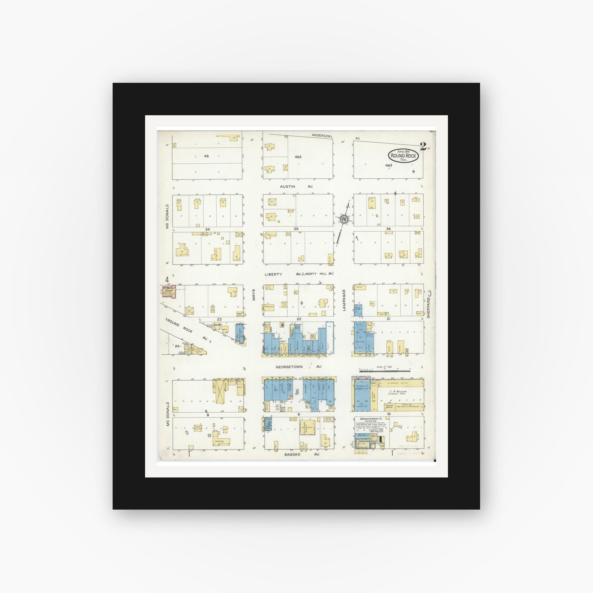 Old map wall art mockup — black gallery frame with white mat — Sanborn Fire Insurance Map from Round Rock, Williamson County, Texas (1916), Sheet #0002