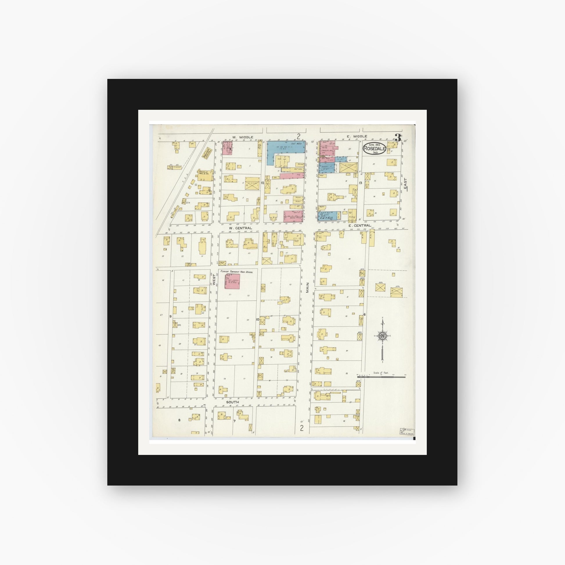 Old map wall art mockup — black gallery frame with white mat — Sanborn Fire Insurance Map from Rosedale, Parke County, Indiana (1913), Sheet #0003