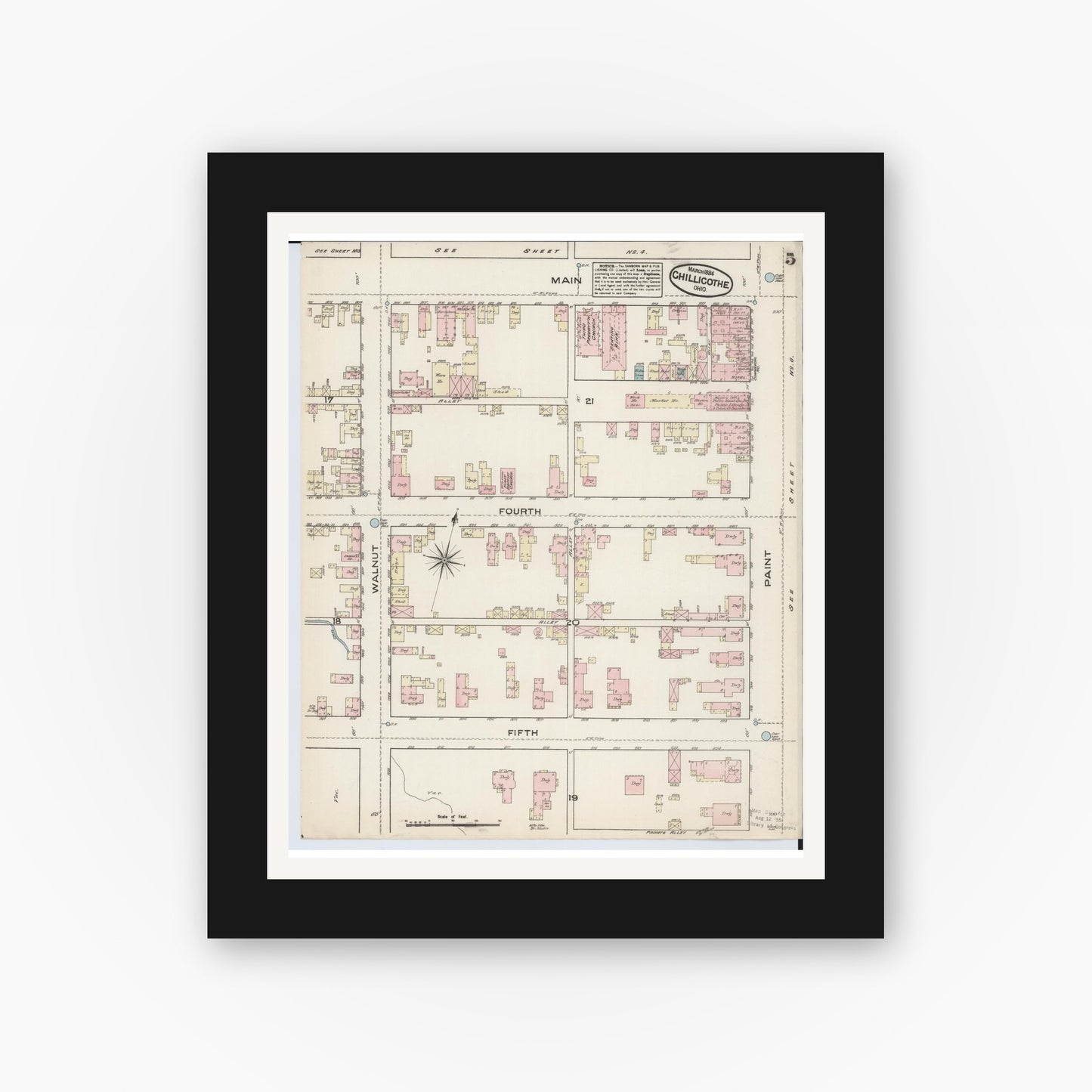 Old map wall art mockup — black gallery frame with white mat — Sanborn Fire Insurance Map from Chillicothe, Ross County, Ohio (1884), Sheet #0005