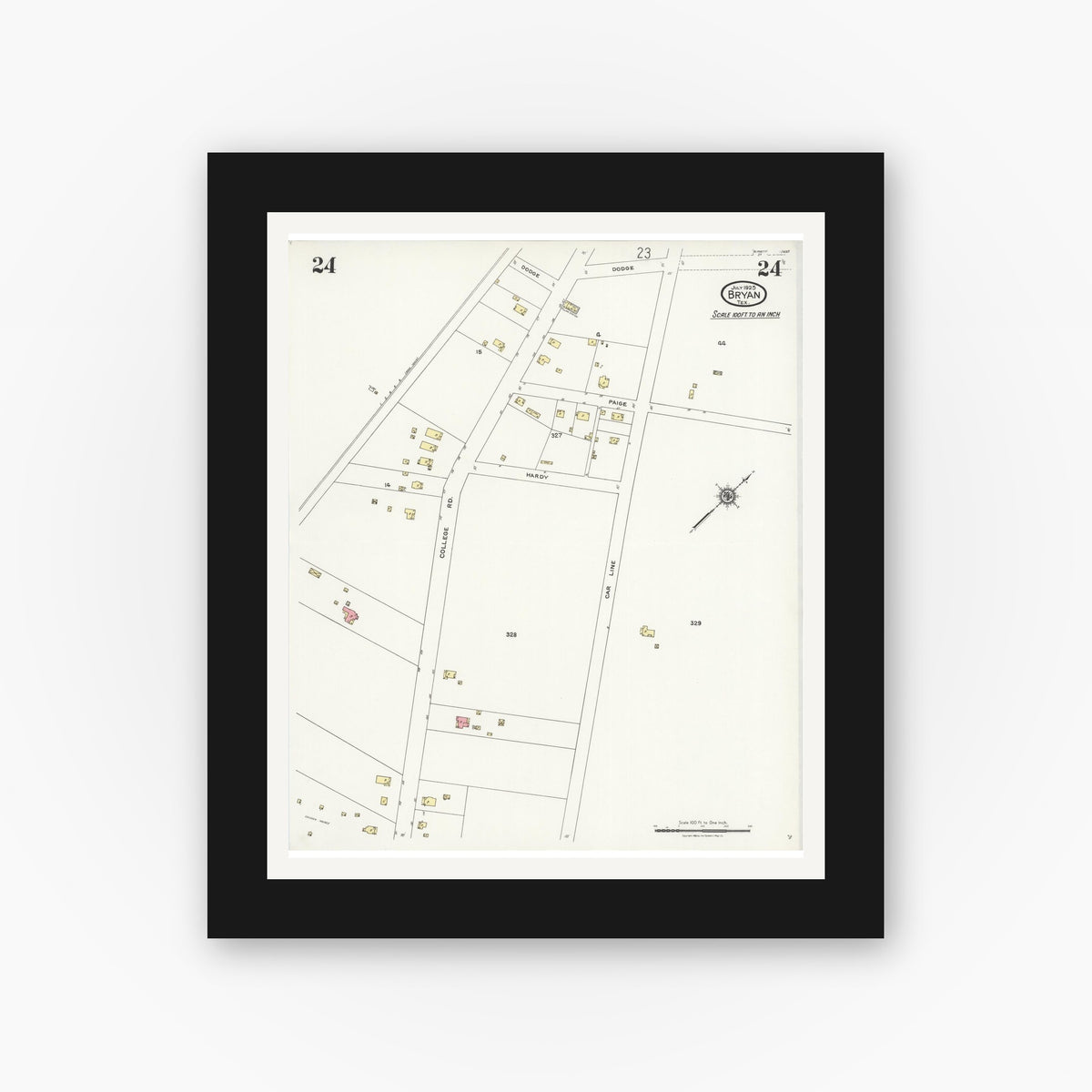 Old map wall art mockup — black gallery frame with white mat — Sanborn Fire Insurance Map from Bryan, Brazos County, Texas (1925), Sheet #0024