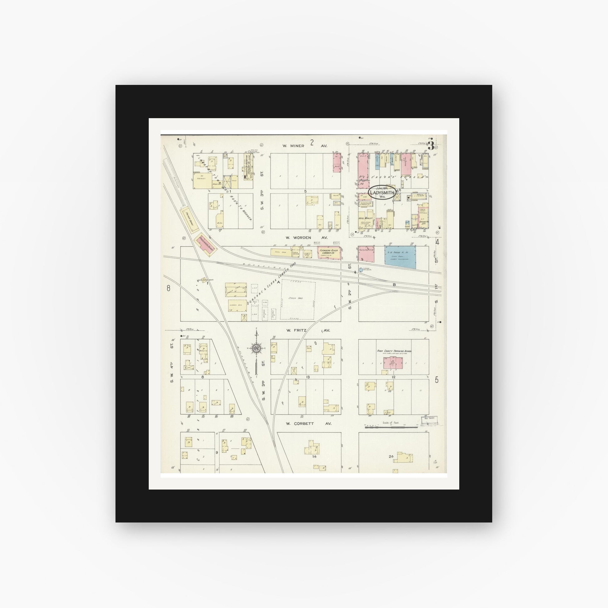 Old map wall art mockup — black gallery frame with white mat — Sanborn Fire Insurance Map from Ladysmith, Rusk County, Wisconsin (1914), Sheet #0003
