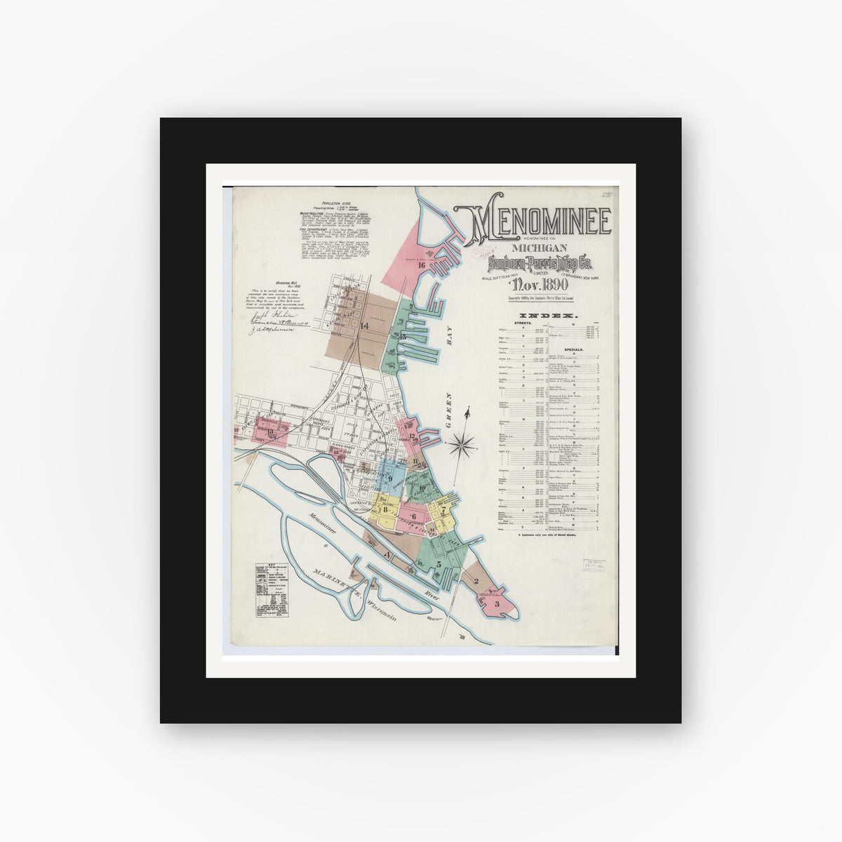 Old map wall art mockup — black gallery frame with white mat — Sanborn Fire Insurance Map from Menominee, Menominee County, Michigan (1890) - Complete Map Set