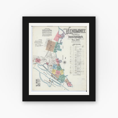 Old map wall art mockup — black gallery frame with white mat — Sanborn Fire Insurance Map from Menominee, Menominee County, Michigan (1890) - Complete Map Set