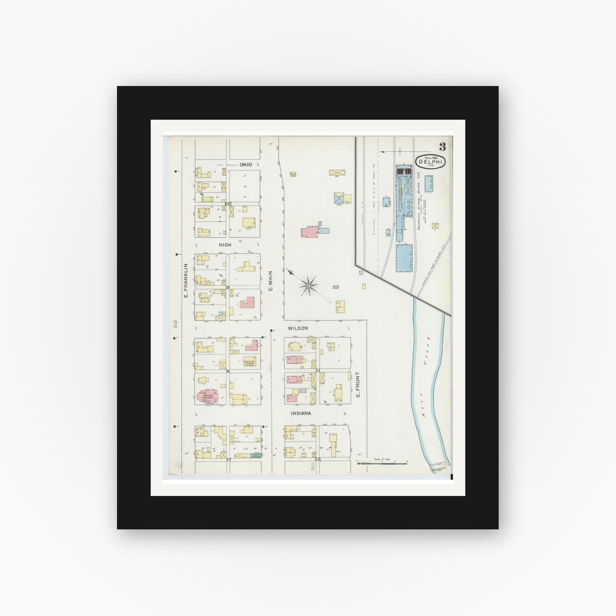 Old map wall art mockup — black gallery frame with white mat — Sanborn Fire Insurance Map from Delphi, Carroll County, Indiana (1893), Sheet #0003