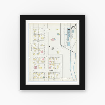 Old map wall art mockup — black gallery frame with white mat — Sanborn Fire Insurance Map from Delphi, Carroll County, Indiana (1893), Sheet #0003