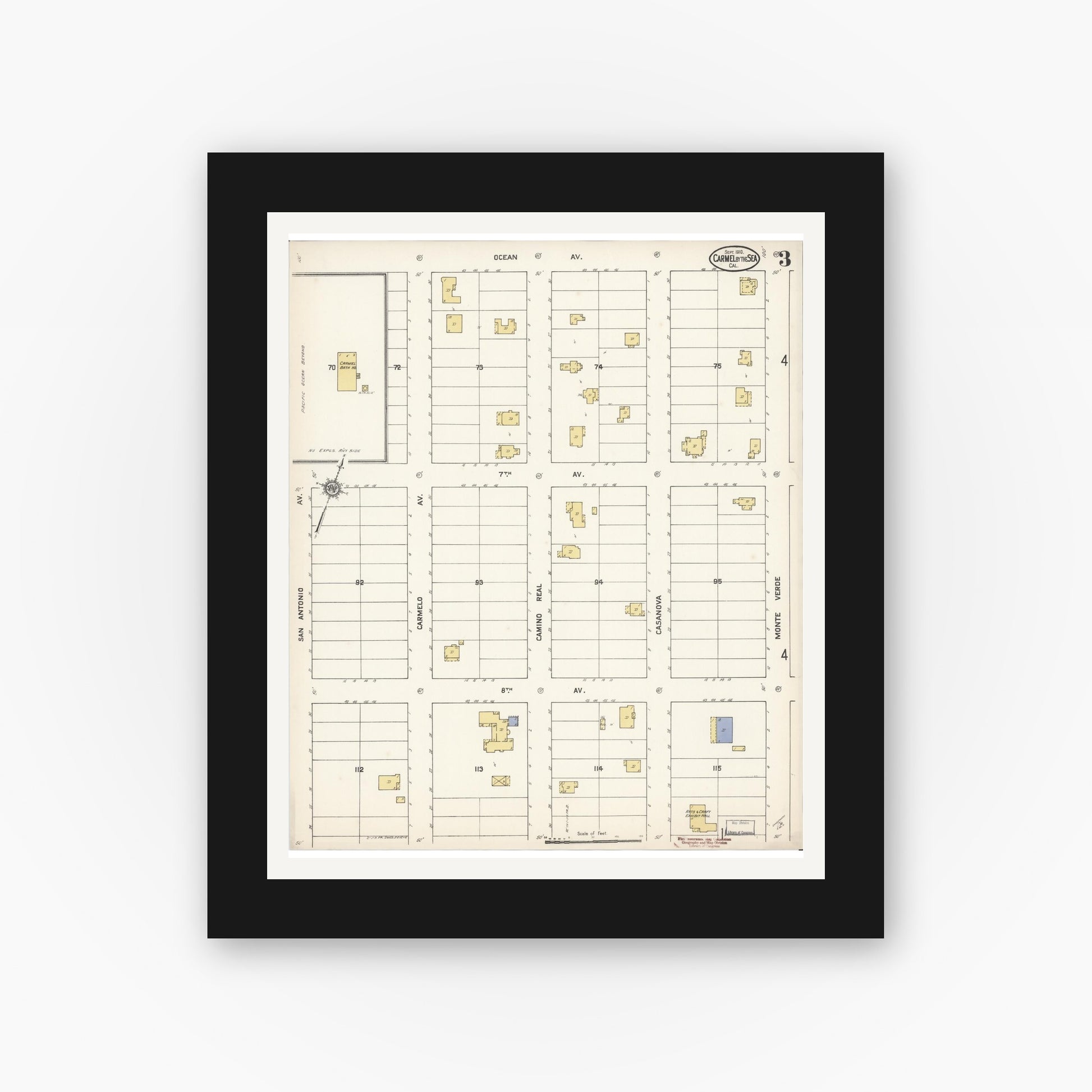 Old map wall art mockup — black gallery frame with white mat — Sanborn Fire Insurance Map from Carmel By The Sea, Monterey County, California (1910), Sheet #0003