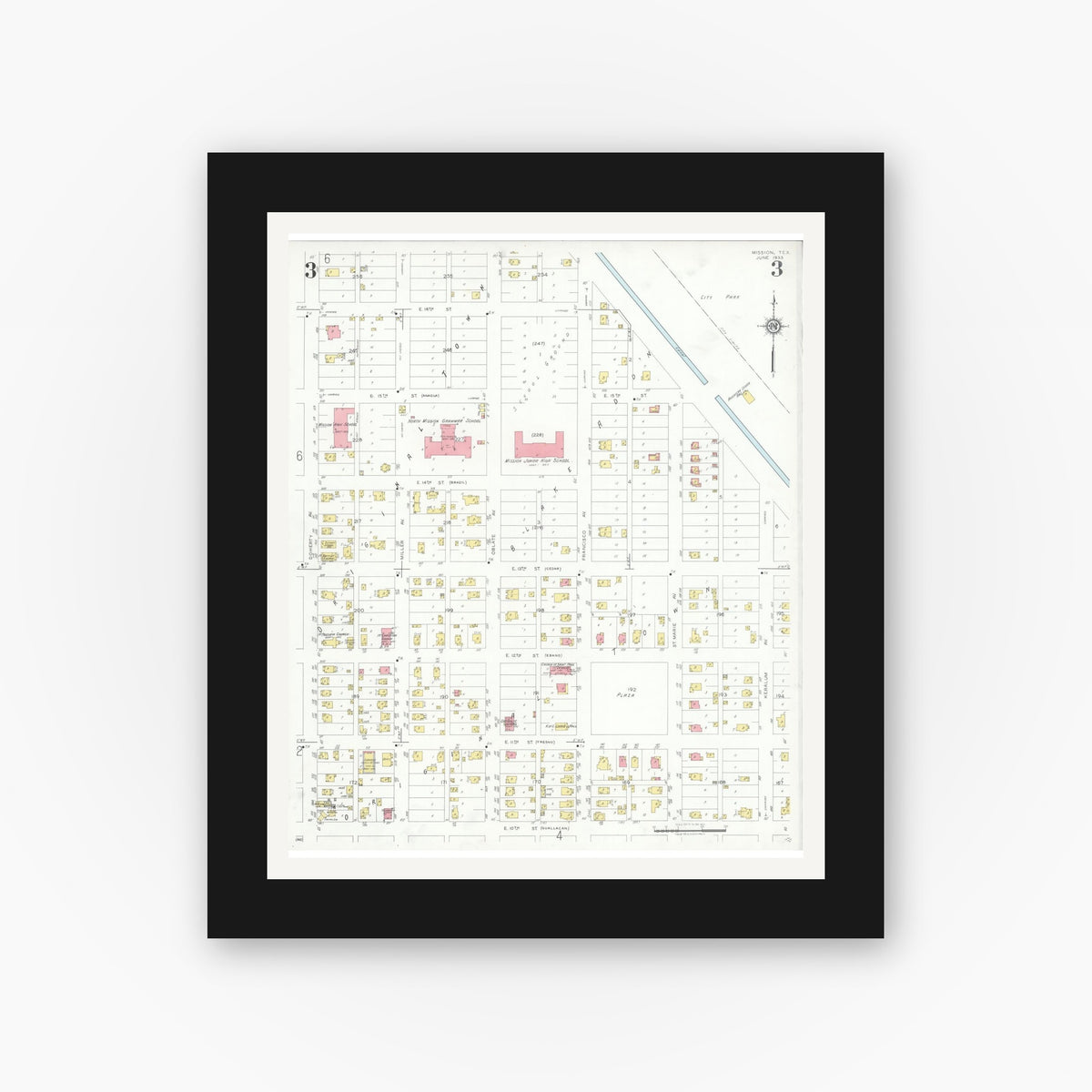 Old map wall art mockup — black gallery frame with white mat — Sanborn Fire Insurance Map from Mission, Hidalgo County, Texas (1933), Sheet #0003