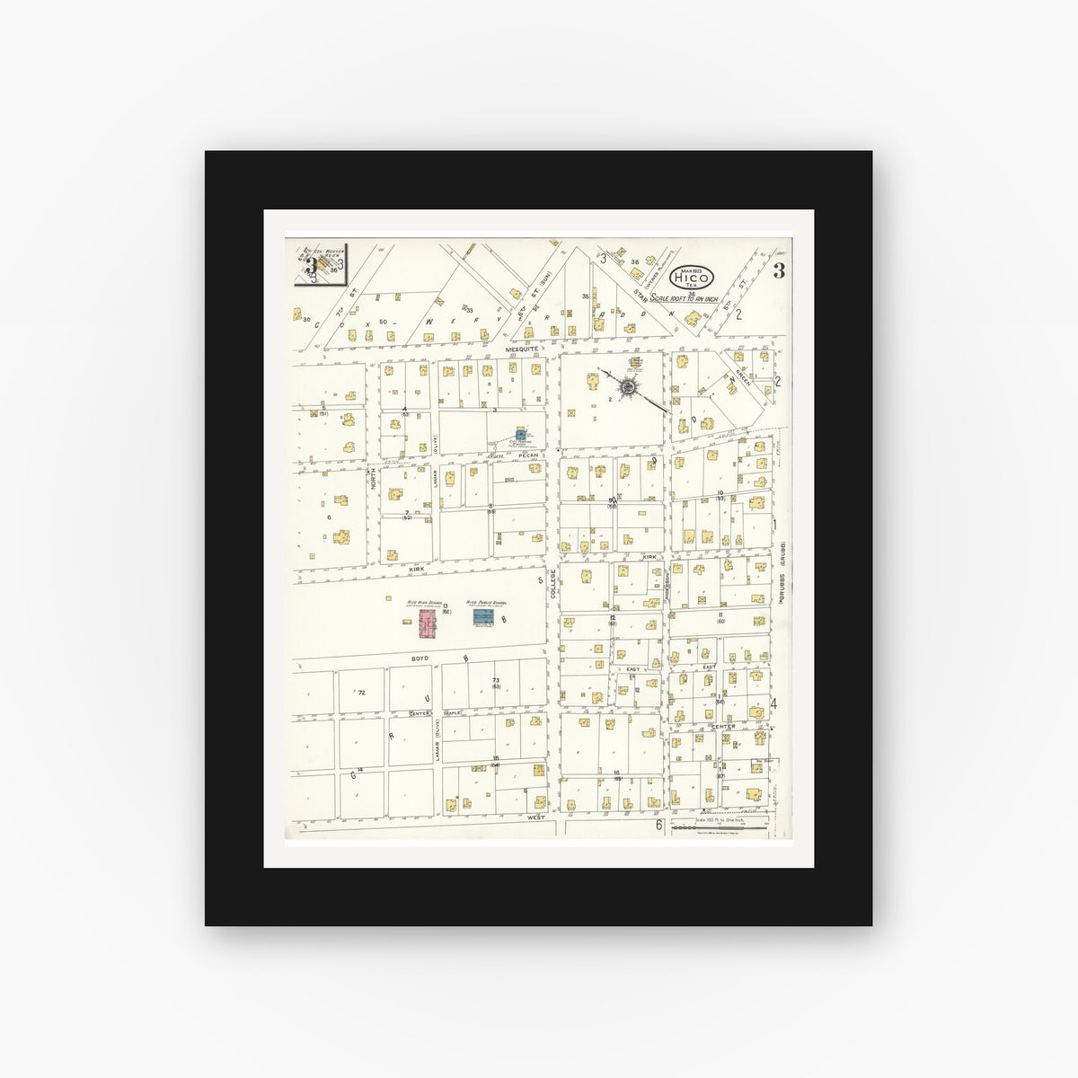 Old map wall art mockup — black gallery frame with white mat — Sanborn Fire Insurance Map from Hico, Hamilton County, Texas (1923), Sheet #0003