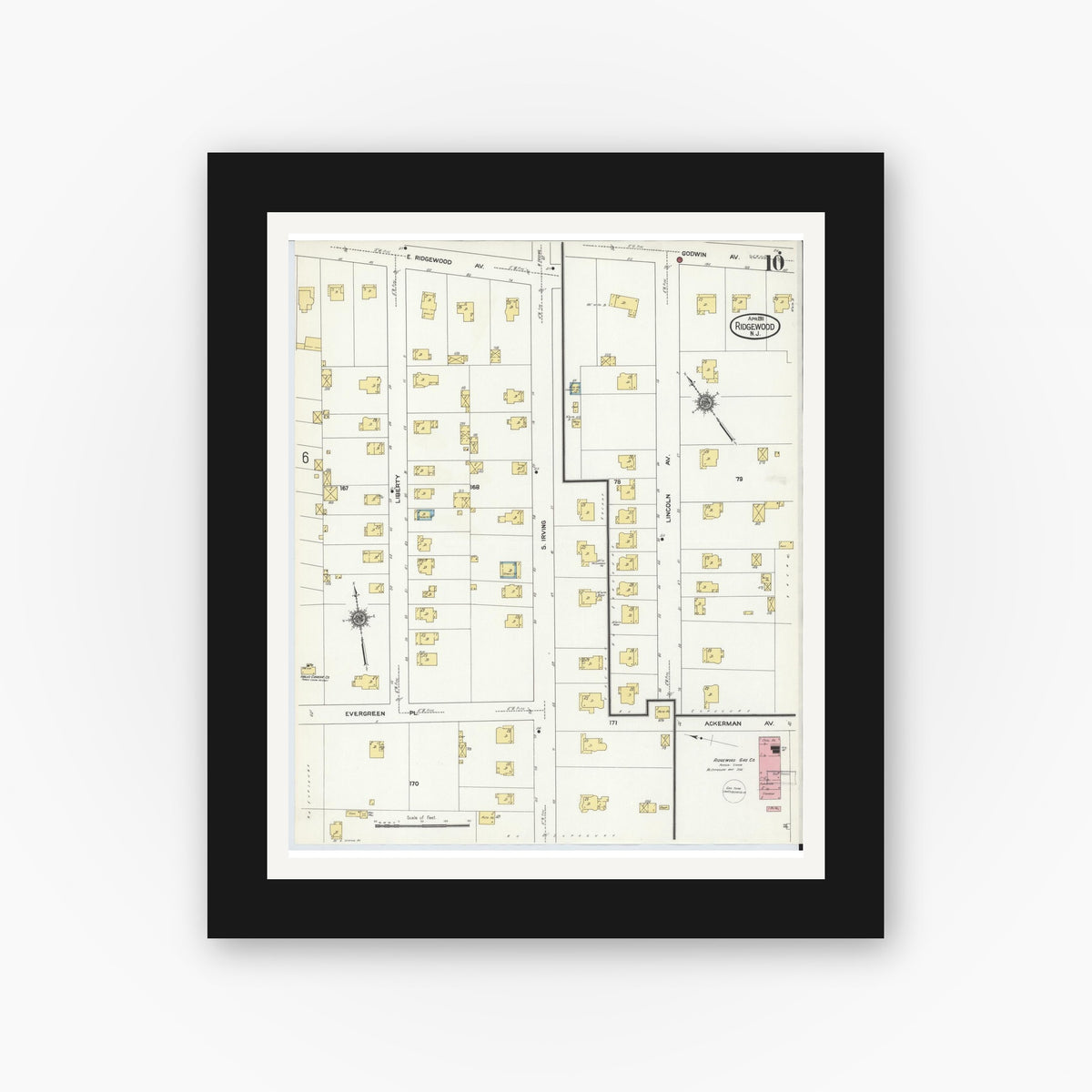 Old map wall art mockup — black gallery frame with white mat — Sanborn Fire Insurance Map from Ridgewood, Bergen County, New Jersey (1911), Sheet #0010