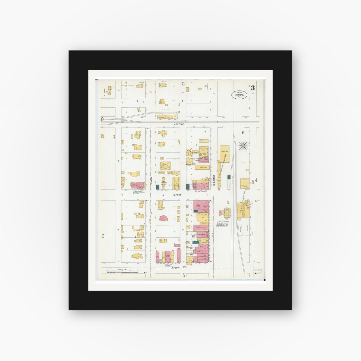 Old map wall art mockup — black gallery frame with white mat — Sanborn Fire Insurance Map from Minonk, Woodford County, Illinois (1906), Sheet #0003