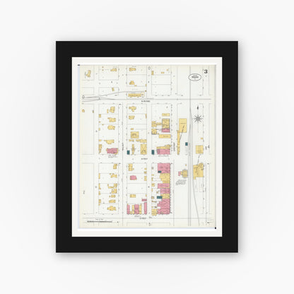 Old map wall art mockup — black gallery frame with white mat — Sanborn Fire Insurance Map from Minonk, Woodford County, Illinois (1906), Sheet #0003