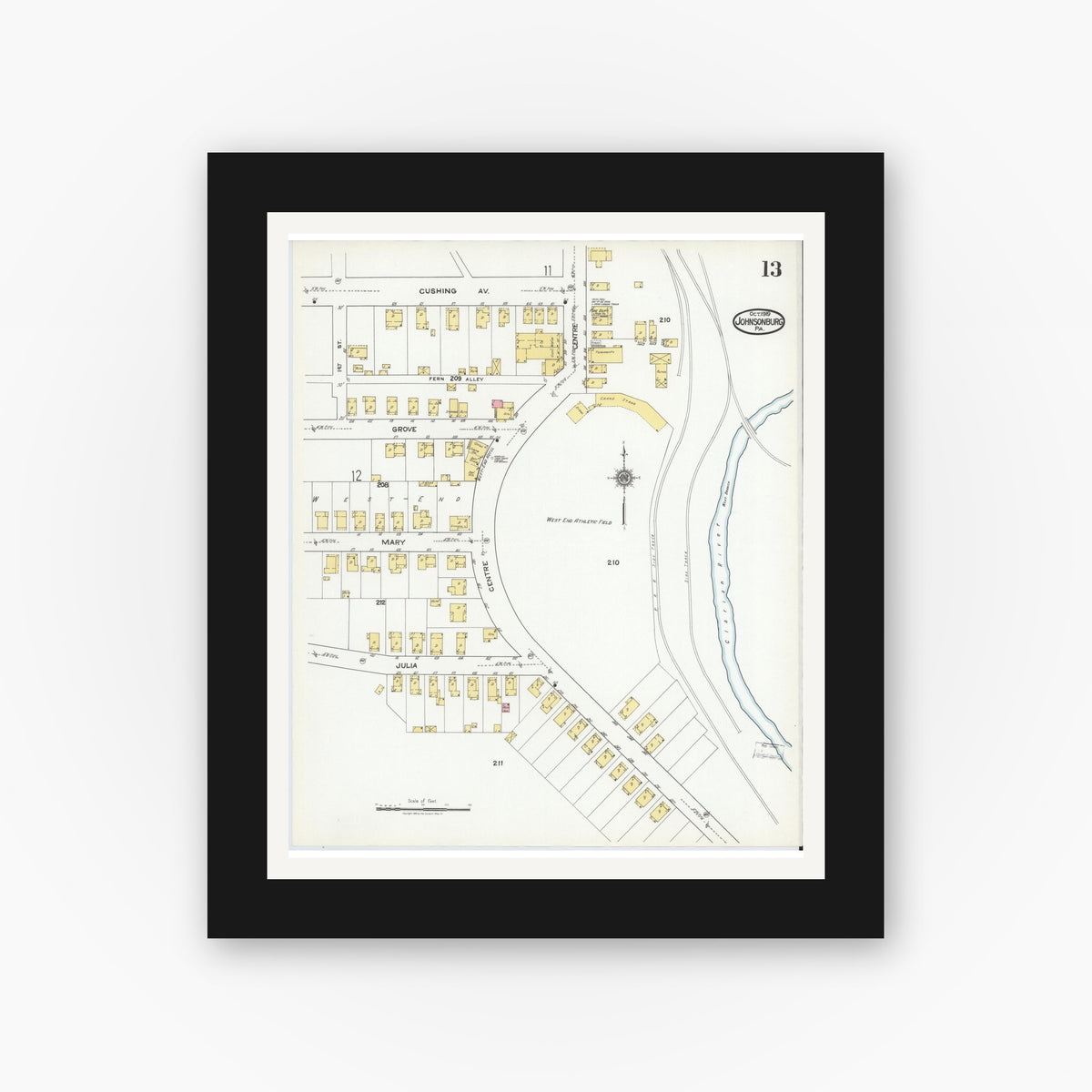 Old map wall art mockup — black gallery frame with white mat — Sanborn Fire Insurance Map from Johnsonburg, Elk County, Pennsylvania (1919), Sheet #0013