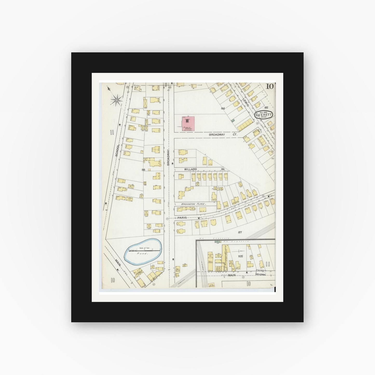 Old map wall art mockup — black gallery frame with white mat — Sanborn Fire Insurance Map from Everett, Middlesex County, Massachusetts (1892), Sheet #0010